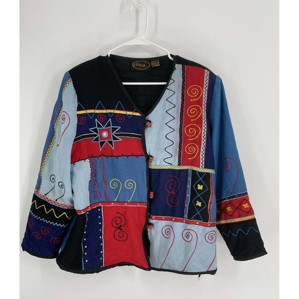 Alex Kim Womens XL Jacket Colorful Rayon/Cotton Flax  Embroidered Patchwork FLAW